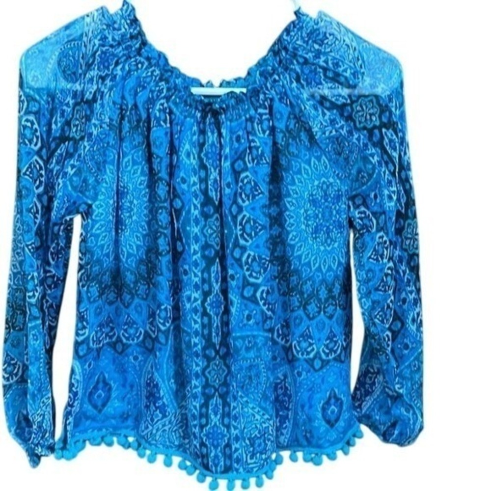 Chaser top S Blue 100% Silk Boho Tribal 70's Pom Poms Peasant FestivalVacation